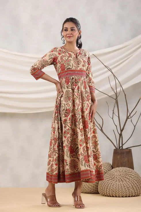 Women Maroon Floral Printed Anarkali Dress